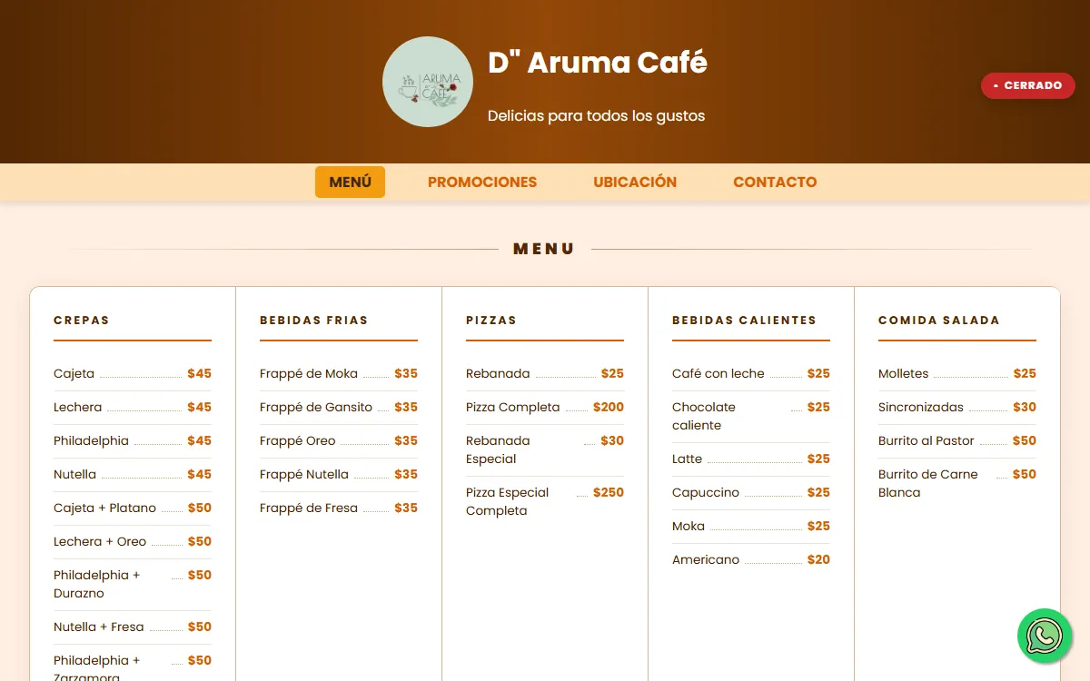 Menú en línea de D" Aruma Café, cafetería en Benito Juárez, Tlaxcala, con crepas, pizzas y bebidas
