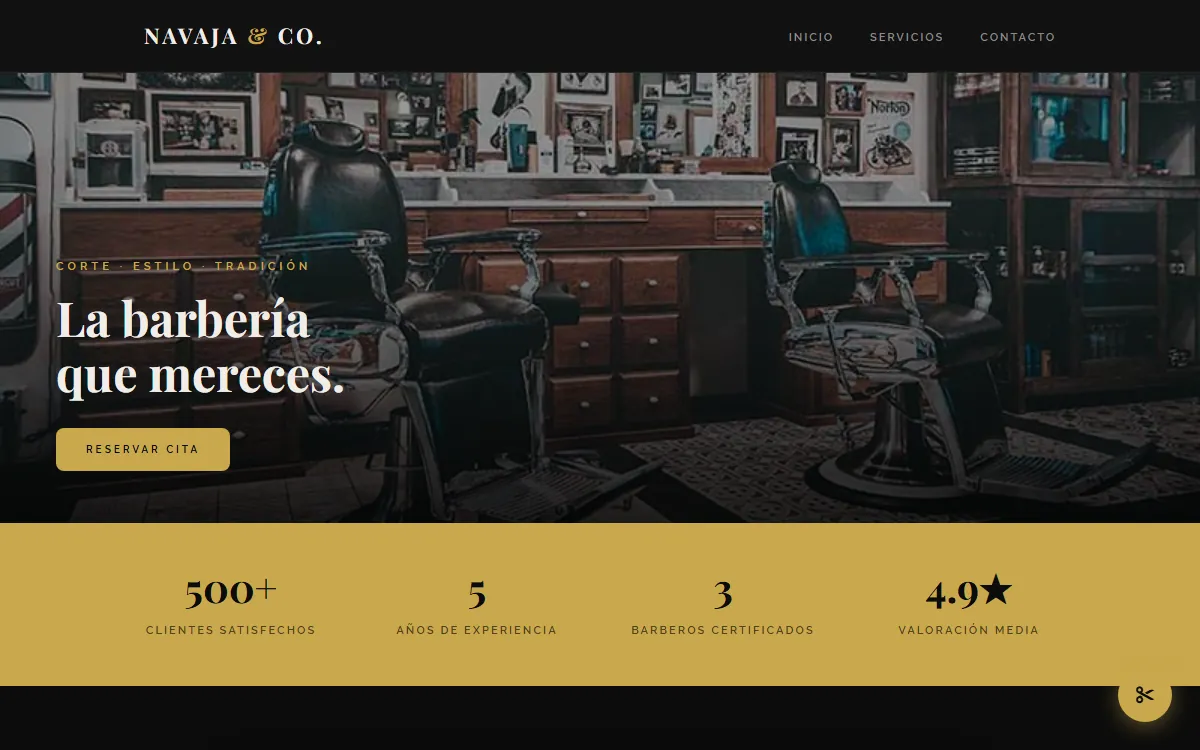 Página de inicio del sitio demo de la barbería Navaja & Co., con diseño en negro y dorado
