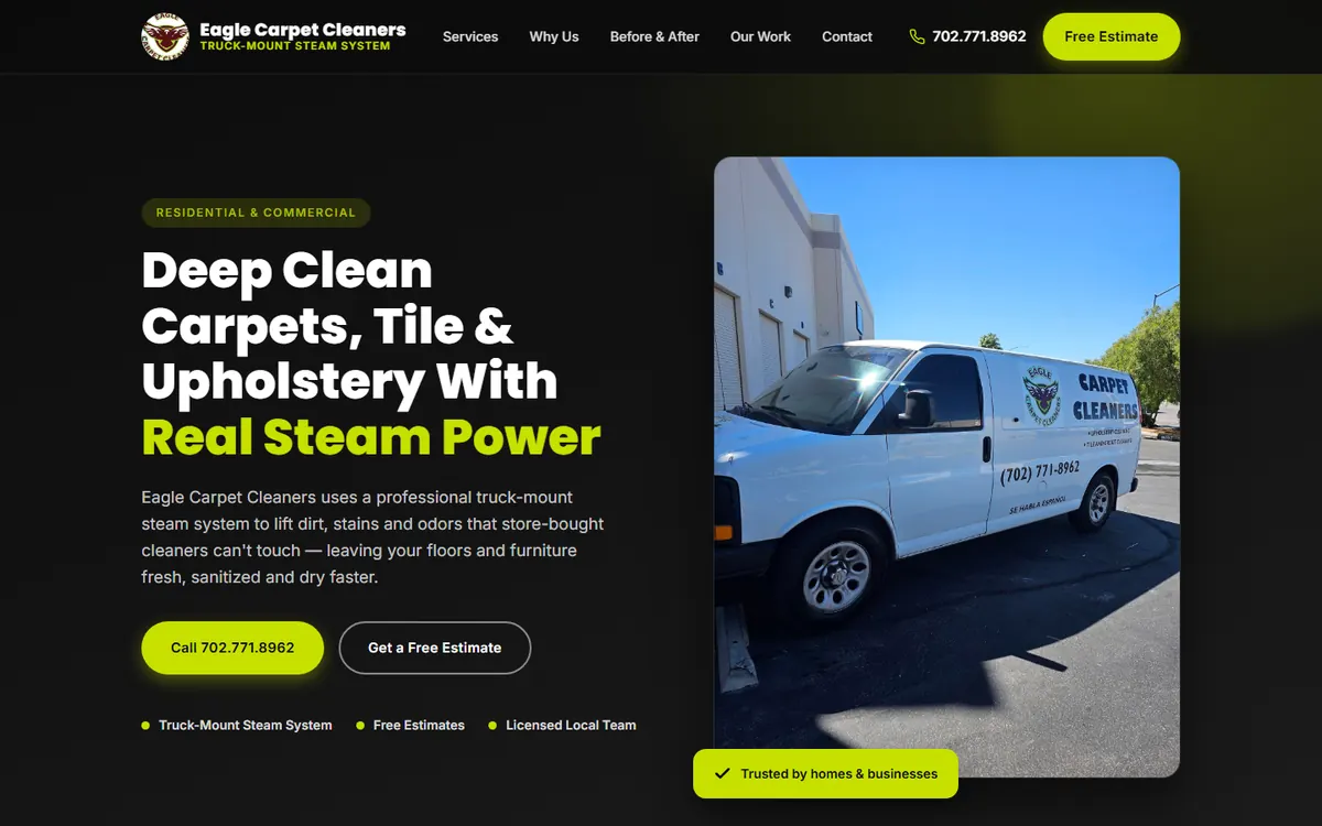 Página de inicio del sitio web de Eagle Carpet Cleaners en Las Vegas