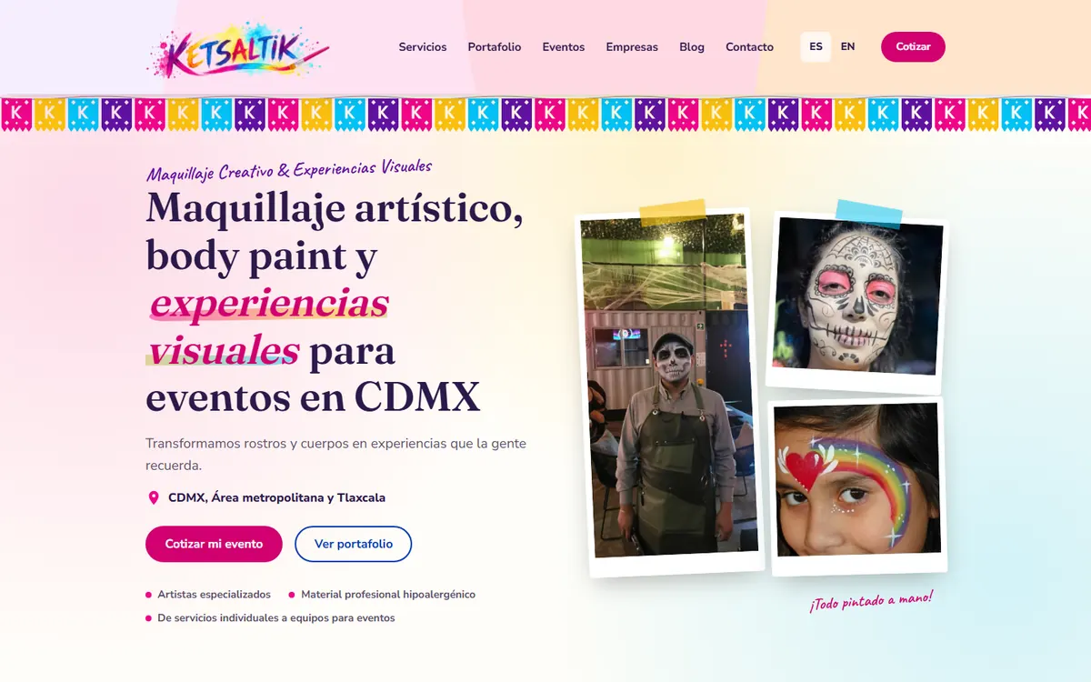 Página de inicio del sitio web de Ketsaltik, maquillaje artístico en CDMX