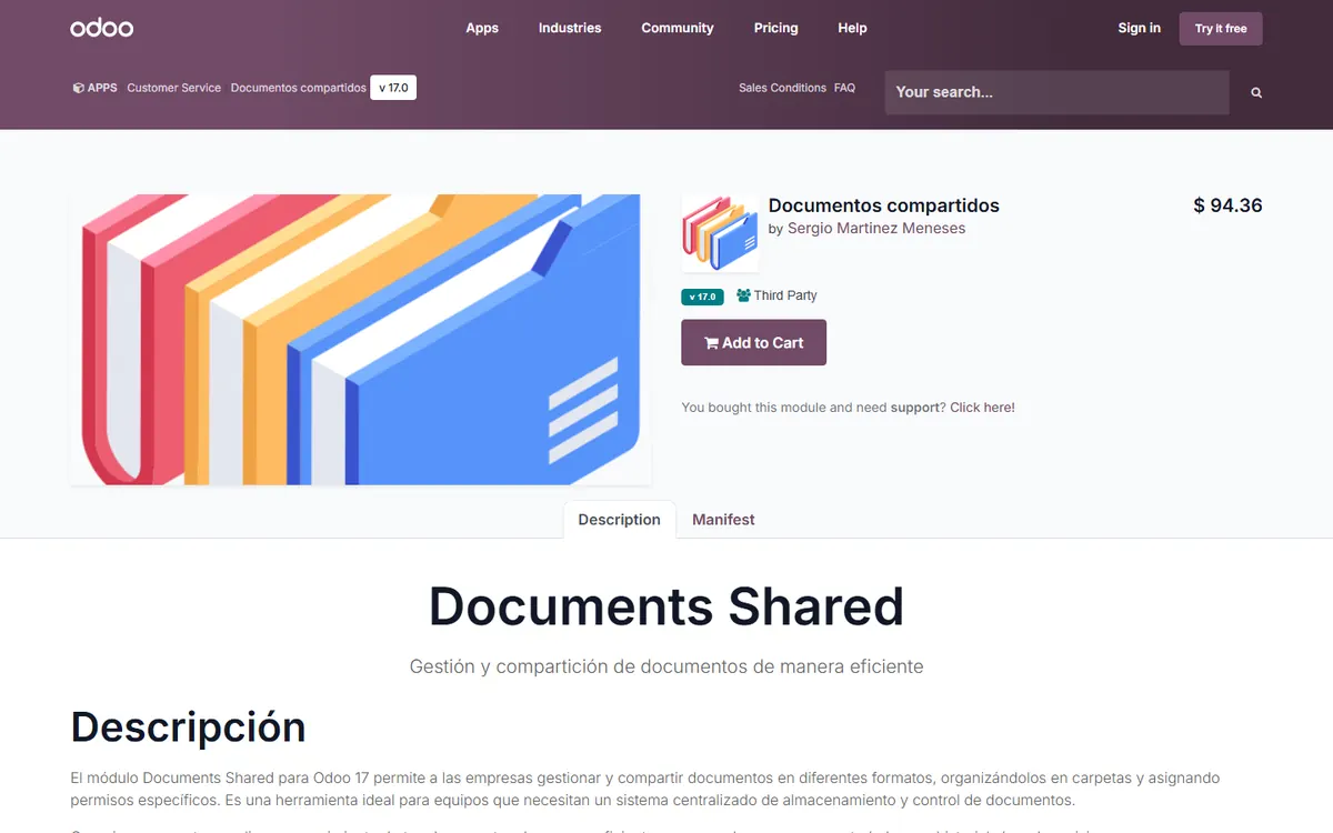 Ficha del módulo Documentos compartidos en la tienda de apps de Odoo