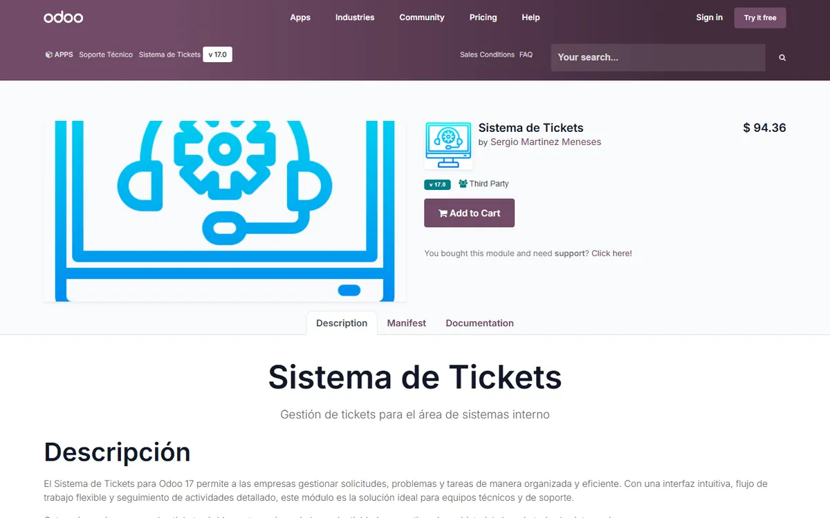Ficha del módulo Sistema de tickets en la tienda de apps de Odoo